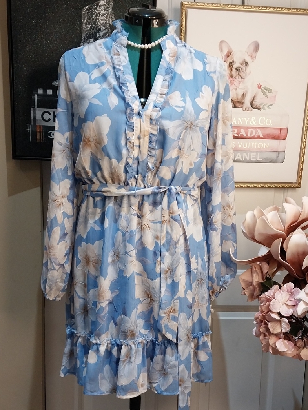 Nwt Large Joie Sky Blue Floral Ruffle Tie-Waist Midi Dress